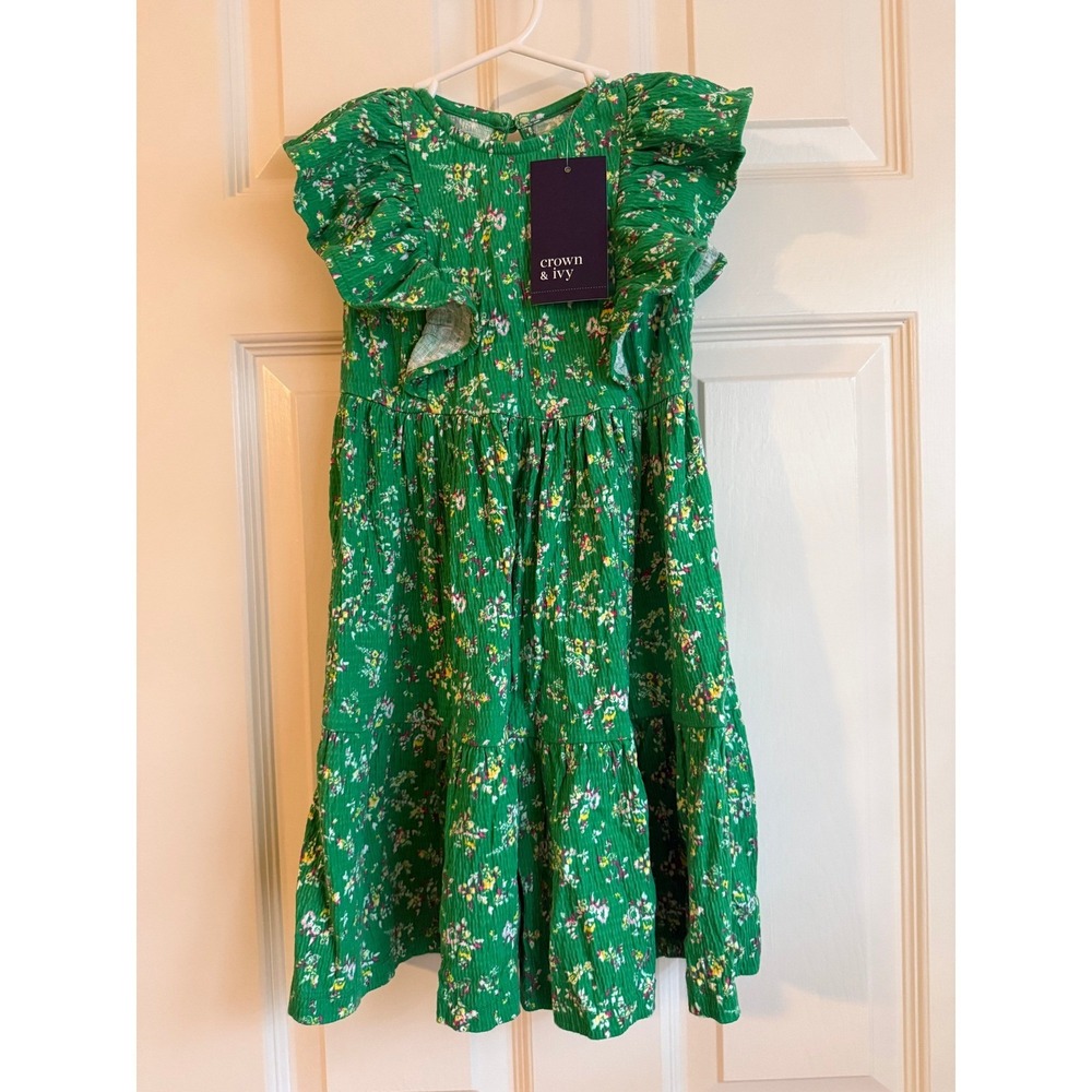 NWT Crown & Ivy Kids Green Floral Crinkle Ruffle Tiered Dress Size 5 NWT